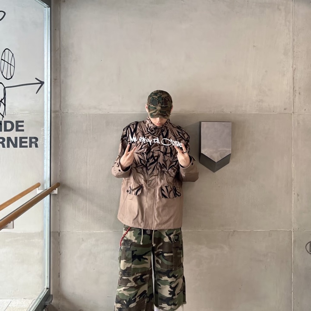 MEDM x CLOTTE Eason Chan Oversized Camouflage Bomber Jacket w Black Leaf Pattern